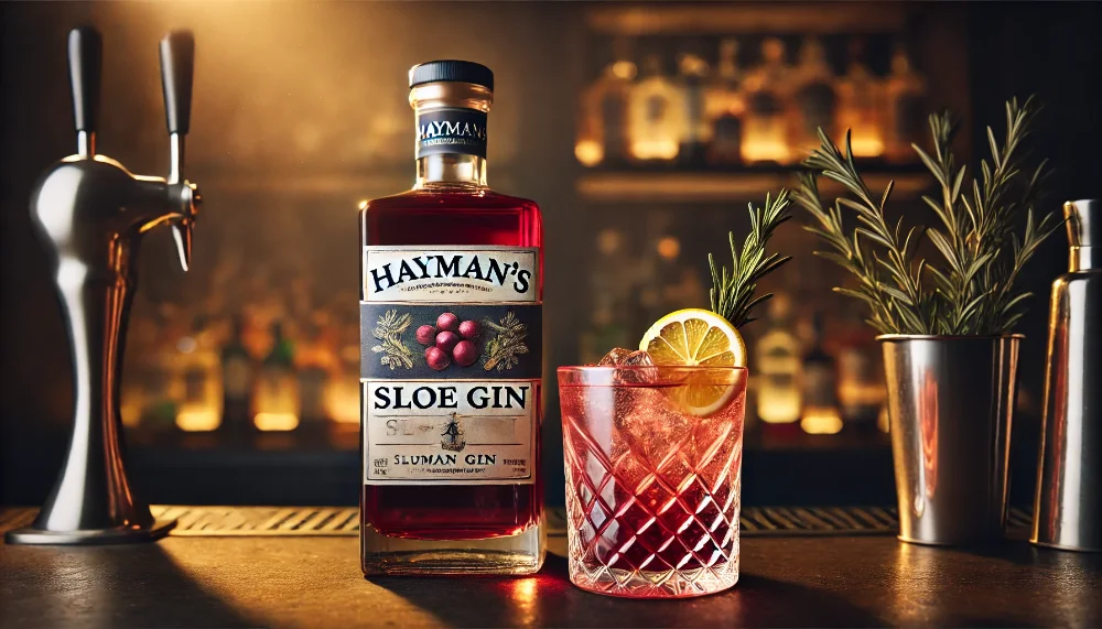 Коктейль з Hayman's Sloe Gin у барі Коктейль на основі Hayman's Sloe Gin у кришталевому келиху, прикрашений лимоном та розмарином, на фоні затишного бару.