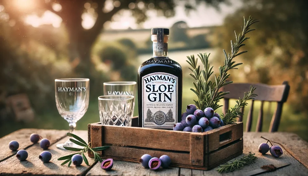 Hayman's Sloe Gin на природі з ягодами терну Пляшка Hayman's Sloe Gin на дерев'яному ящику, оточена ягодами терну та келихами, на фоні спокійної природної обстановки з м'яким сонячним світлом.