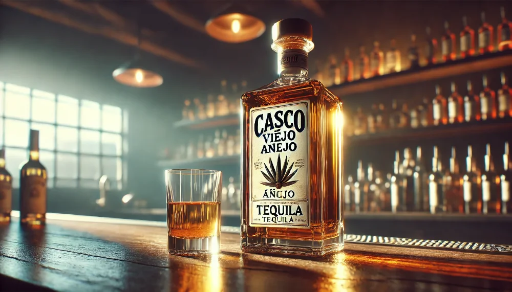 Casco Viejo Añejo на дерев'яному барному столику Пляшка Casco Viejo Añejo текіли на барному столику поруч з келихом текіли, з м'яким розмитим фоном.