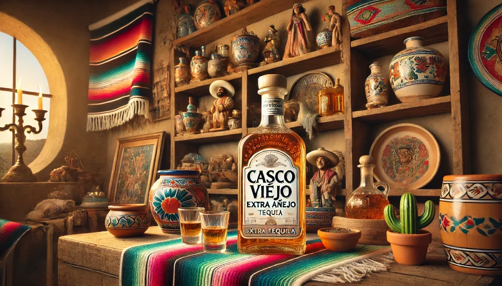 Casco Viejo Extra Añejo Tequila з мексиканським декором Пляшка Casco Viejo Extra Añejo Tequila з традиційними мексиканськими елементами декору