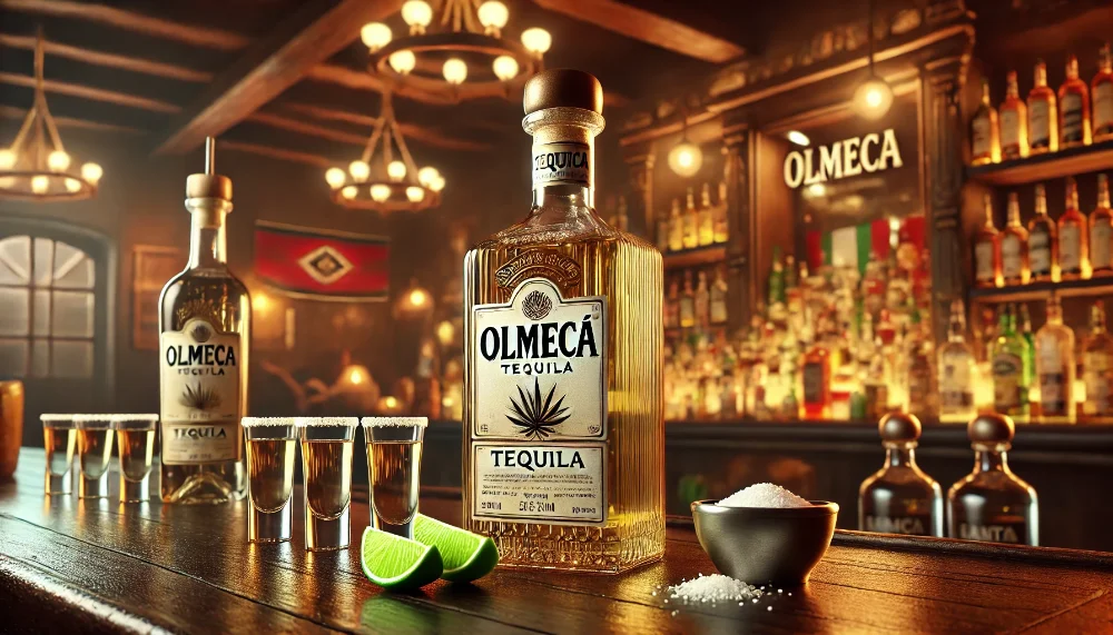 Пляшка текіли Olmeca на дерев'яному барному столику з шотами і лаймами Пляшка текіли Olmeca на барному столику з шотами, сіллю і лаймами, що демонструє автентичний досвід споживання текіли.