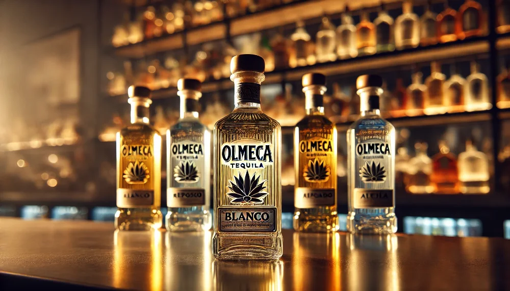 Огляд видів текіли Olmeca на барній стійці Пляшки текіли Olmeca: Blanco, Reposado, Añejo та Altos Plata на барній стійці