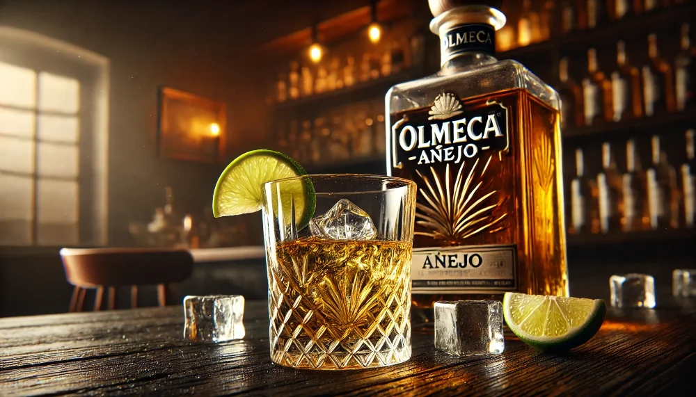 Близький план текіли Olmeca Añejo в келиху Текіла Olmeca Añejo, налита в кришталевий келих з лаймом та кубиками льоду на дерев'яній поверхні.