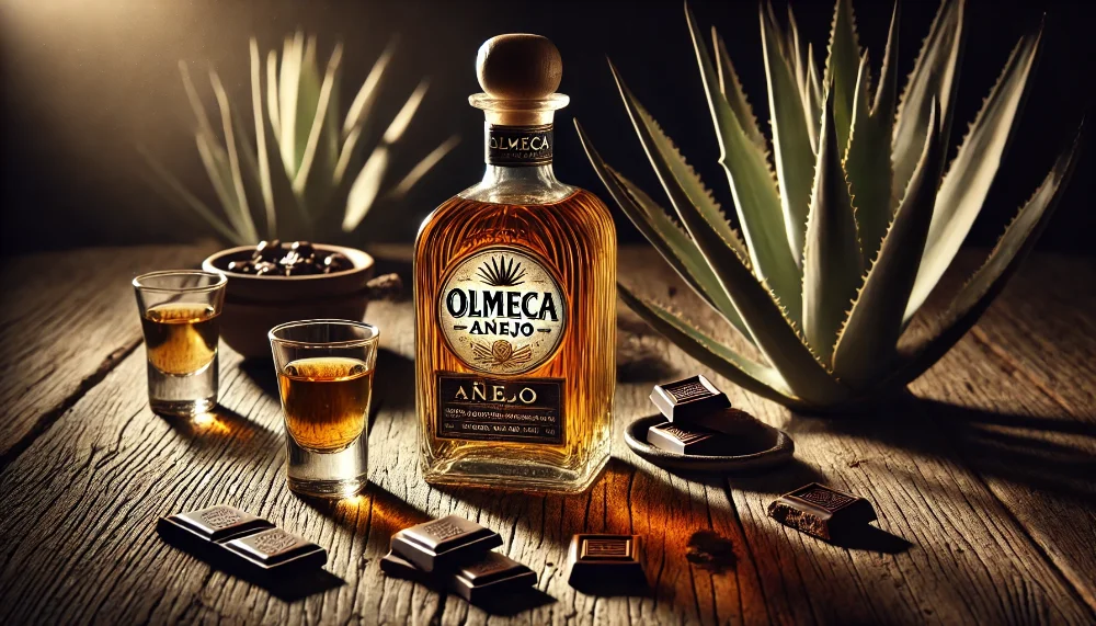 Olmeca Añejo на відкритому повітрі з сонячним світлом Артистичний кадр пляшки Olmeca Añejo на старовинному бочці на відкритому повітрі з агавовими рослинами та сонячним світлом заходу сонця.