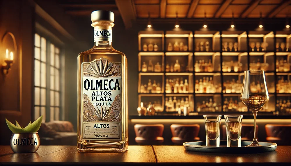 Текіла Olmeca Altos Plata в розкішному домашньому барі Пляшка текіли Olmeca Altos Plata, розміщена в елегантному домашньому барі з келихами для шотів, оточена м'яким теплим освітленням.