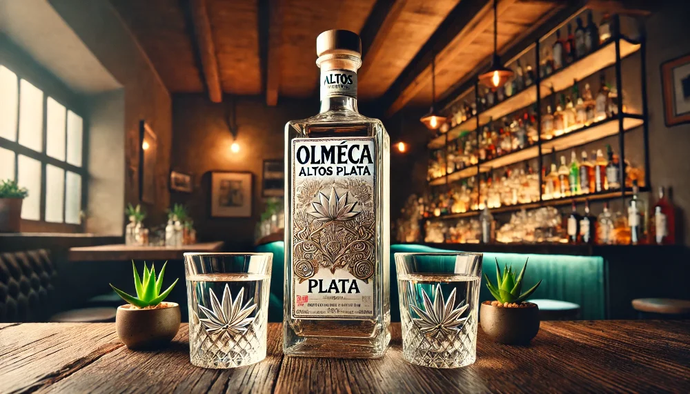 Текіла Olmeca Altos Plata в мексиканському барі Пляшка текіли Olmeca Altos Plata з двома келихами текіли на дерев'яній стійці в слабо освітленому барі.