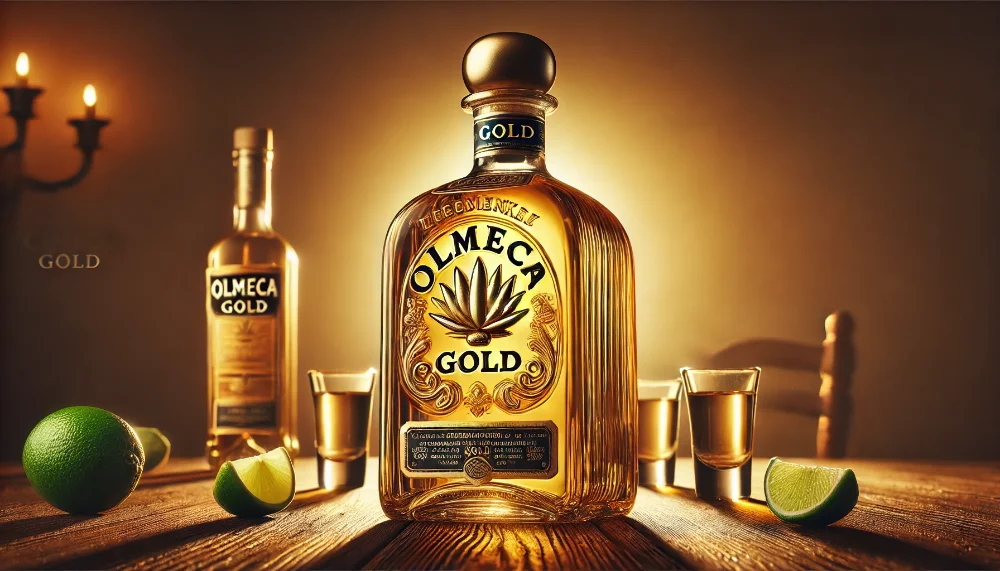 Стильна композиція з пляшкою текіли Olmeca Gold на дерев'яному столі Пляшка текіли Olmeca Gold, келихи та лайм на дерев'яному столі з м'яким золотистим освітленням.