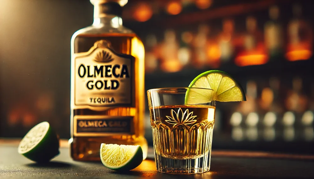 Келих текіли Olmeca Gold з скибкою лайму Келих текіли Olmeca Gold з золотистим кольором та скибкою лайму на темному барному столі.