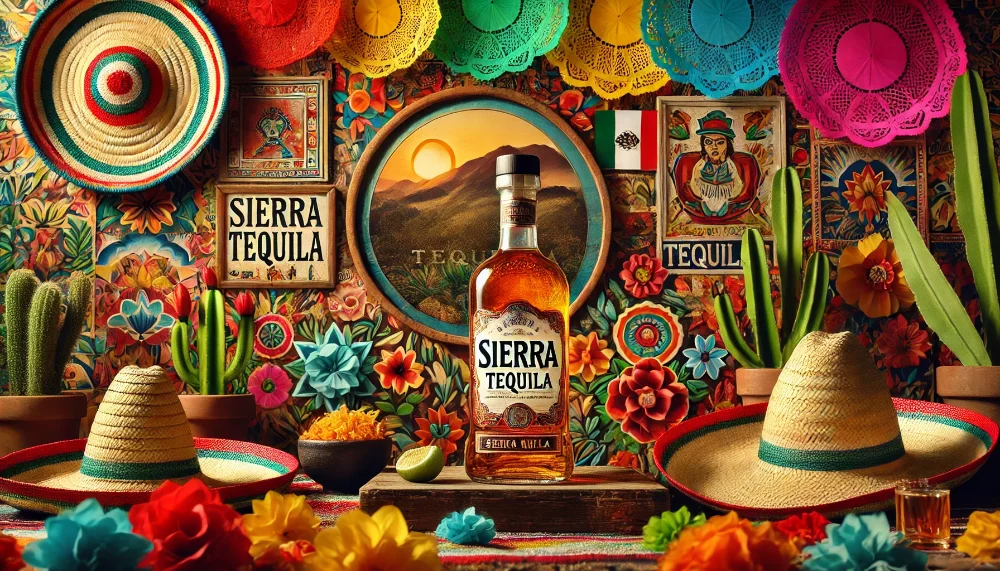 Текла Sierra на мексиканському фоні з традиційними елементами Пляшка текіли Sierra на фоні мексиканських декорацій з папером, сомбреро та квітами.