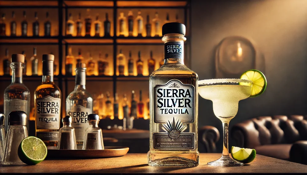 Артистичний знімок з пляшкою Sierra Silver та маргаритою на фоні. Пляшка Sierra Silver Tequila з коктейлем маргарита та лаймом.