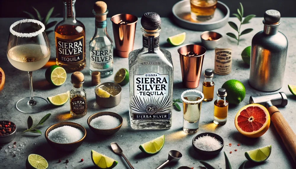 Стильна плоска компоновка з пляшкою Sierra Silver та інгредієнтами для коктейлів. Пляшка Sierra Silver Tequila серед інгредієнтів для коктейлів на сучасному барі.
