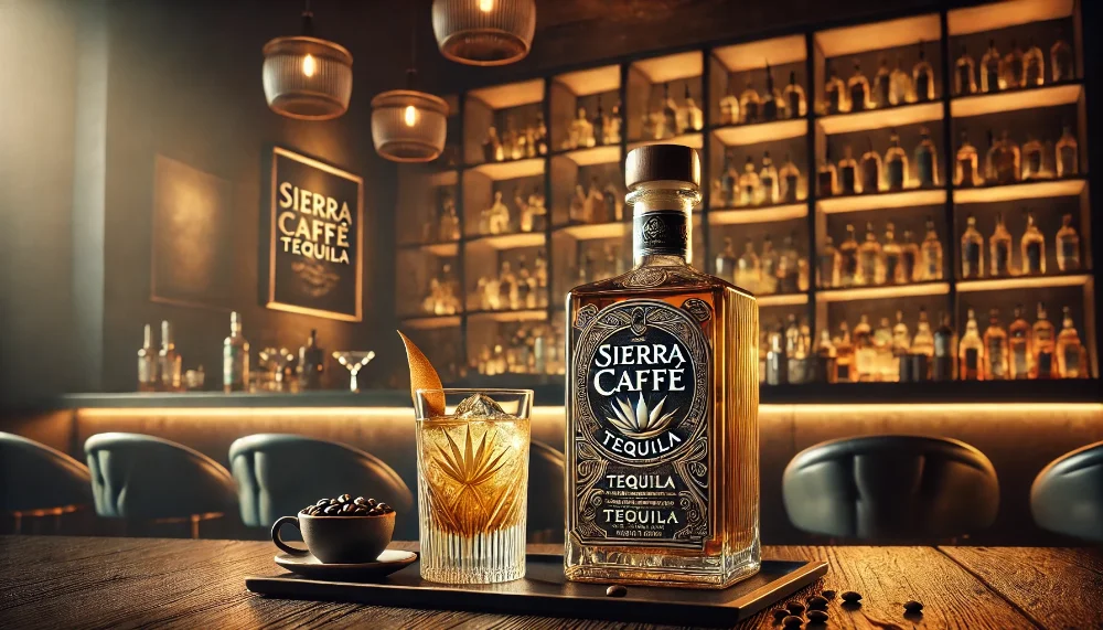 Текіла Sierra Café в елегантному барному інтер'єрі Пляшка текіли Sierra Café оточена елегантним посудом, розташована в розкішному барі з дерев'яними елементами, створюючи атмосферу елегантності та затишку.