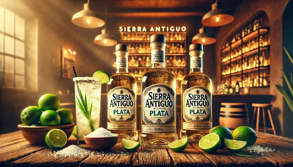 Sierra Antiguo Plata з Маргаритою та лаймами Пляшки текіли Sierra Antiguo Plata, оточені лаймами, сіллю та Маргаритою на дерев'яному столі.