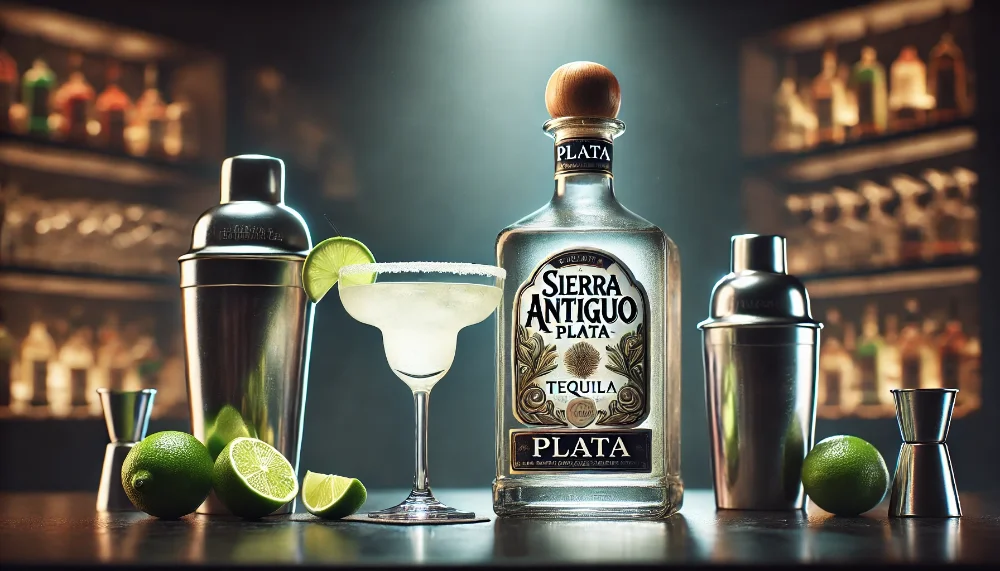 Sierra Antiguo Plata для приготування Маргарити Пляшка текіли Sierra Antiguo Plata, оточена елементами для Маргарити, включаючи шейкер, склянку та скибочки лайма в елегантному барному інтер'єрі.