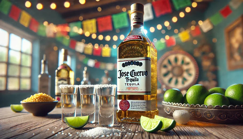 Пляшка текіли Jose Cuervo серед келихів та лайма Пляшка текіли Jose Cuervo на дерев'яному столі з келихами, лаймом і морською сіллю.