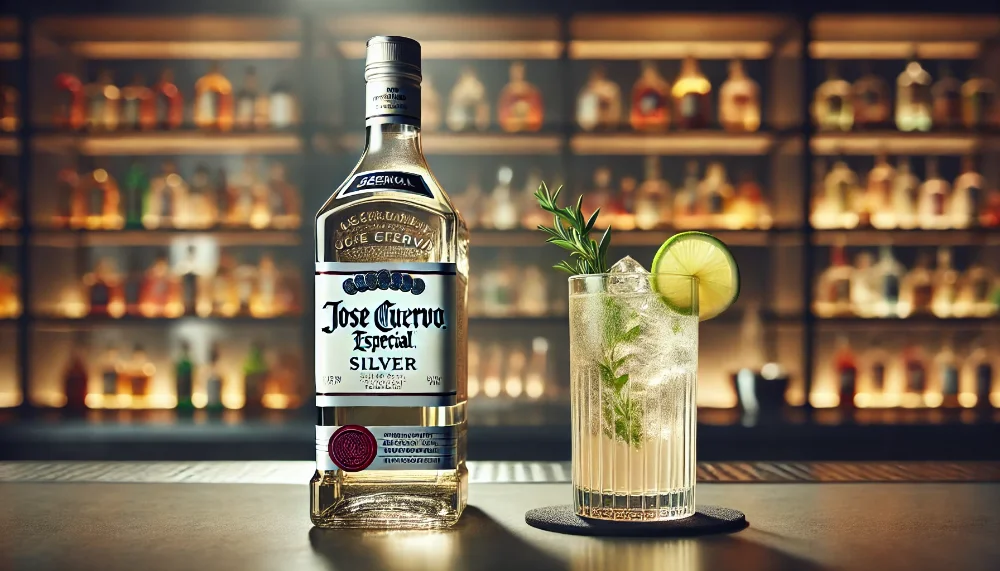 Текіла Jose Cuervo Especial Silver поруч з коктейлем Пляшка текіли Jose Cuervo Especial Silver поруч з коктейлем у високому келиху.