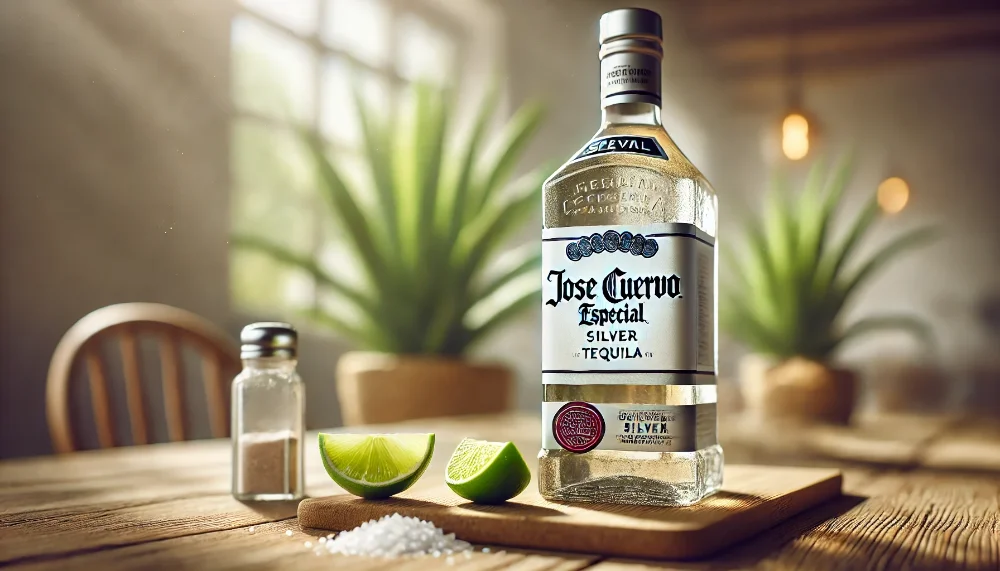 Близький план пляшки Jose Cuervo Especial Silver з лаймом та сіллю Близький план пляшки текіли Jose Cuervo Especial Silver з лаймом і сіллю, готовий до шоту.