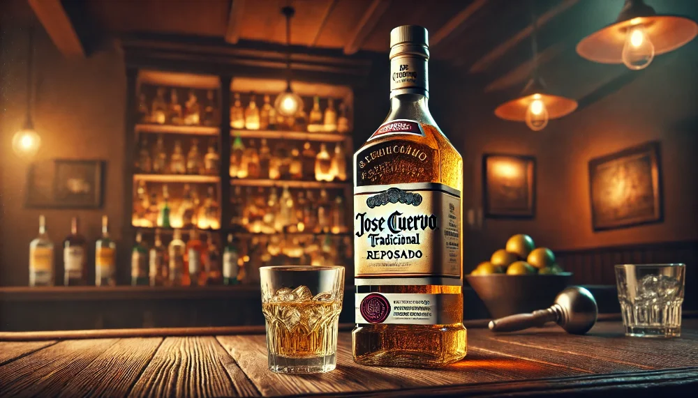 Пляшка Jose Cuervo Tradicional Reposado на барній стійці Пляшка текіли Jose Cuervo Tradicional Reposado поруч із келихом на дерев'яній поверхні барної стійки.
