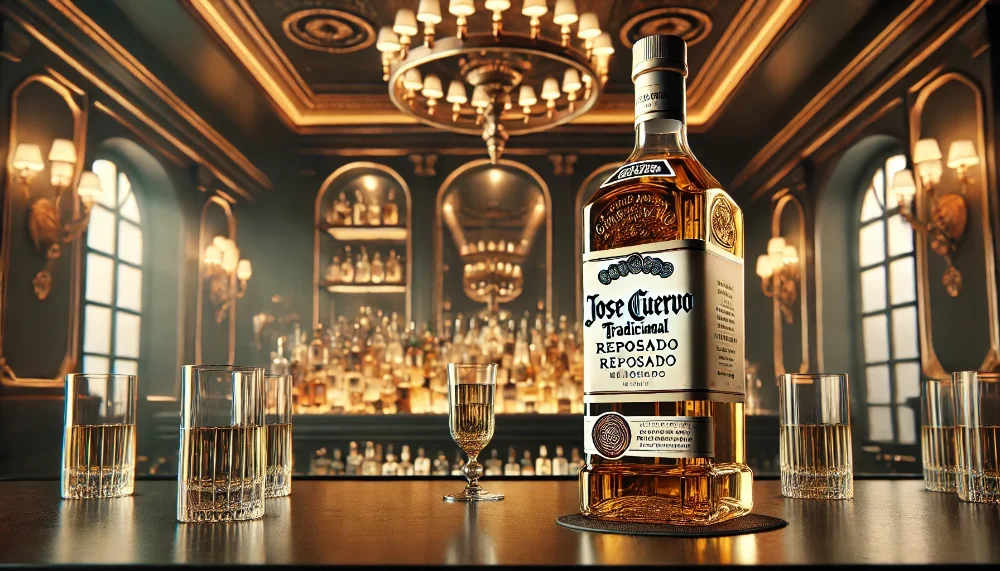 Приємна атмосфера з Jose Cuervo Tradicional Reposado Пляшка текіли Jose Cuervo Tradicional Reposado в елегантному барі, оточена келихами текіли в м'якому світлі.