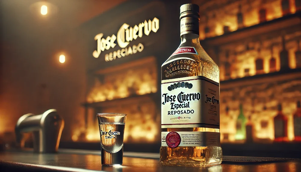 Текіла Jose Cuervo Especial Reposado в елегантній барній обстановці Пляшка текіли Jose Cuervo Especial Reposado на барній стійці з келихом