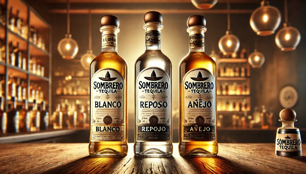 Три пляшки текіли Sombrero Blanco, Reposado та Añejo на дерев'яному барному столику Три пляшки текіли Sombrero, включаючи Blanco, Reposado та Añejo, на барному столику