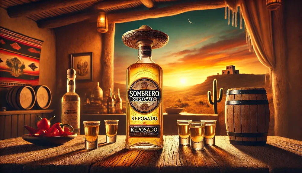 Sombrero Reposado на фоні мексиканського заходу сонця Текіла Sombrero Reposado на дерев'яному столі на фоні мексиканського заходу сонця.